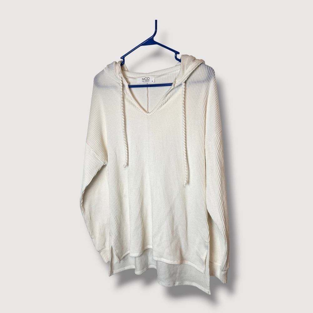 Mod on Trend Off White Ribbed Knit Lightweight Hoodie Size Small